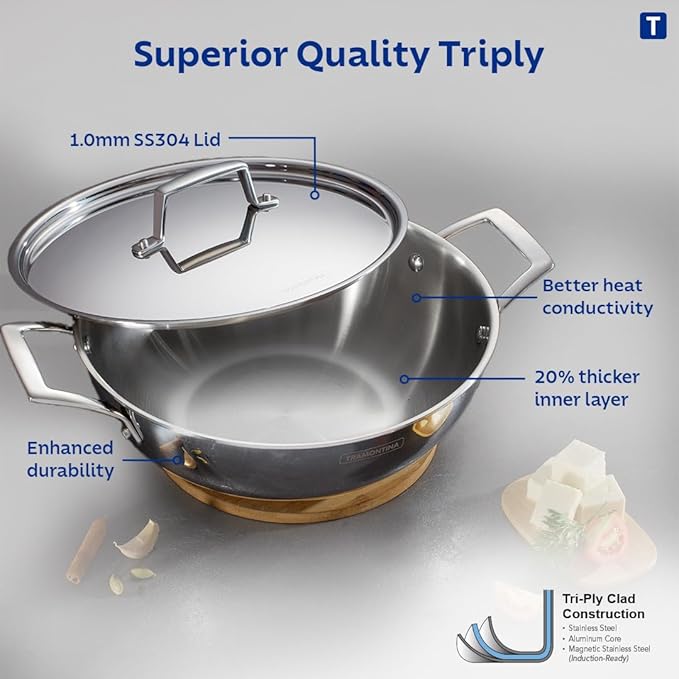 Triply 24 cm/2.6L Kadai with SS 304 Lid
