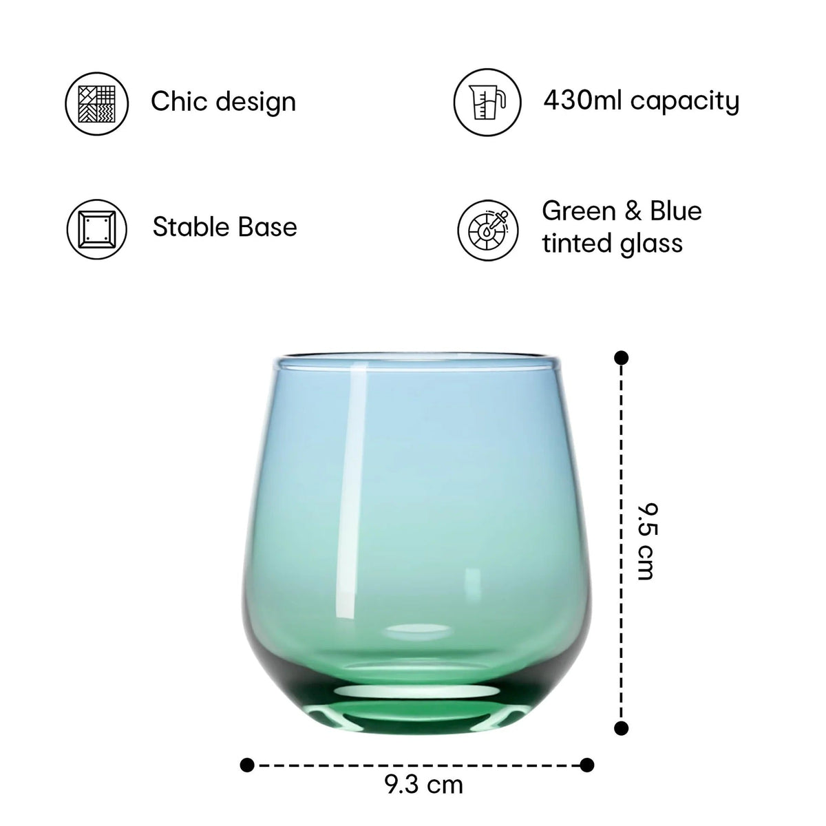 430 ml Dual Tone Stemless Glasses Set of 6, Blue Green