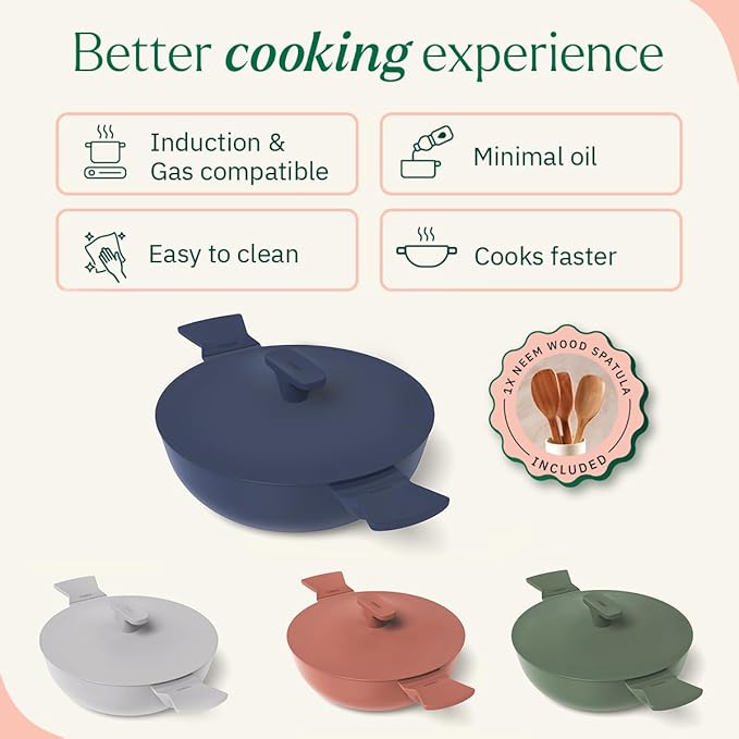 Ceramic Non Stick Kadai 24 cm, Metallic Lid, Matching Handles,, Blue