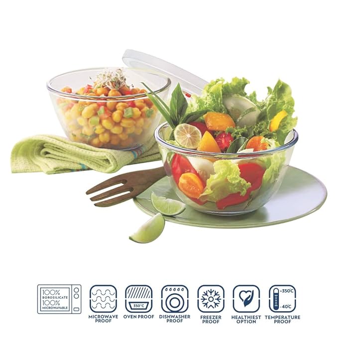 Serving & Mixing Bowl with Lid, Set of 2 (500 ml Each), Borosilicate Glass Bowl for Kitchen & Dinning