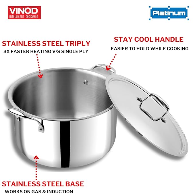 Triply Stainless Steel Biryani Pot with Lid - 11 L, 30 cm, Heavy Bottom, Riveted Handle, Cooking Pot