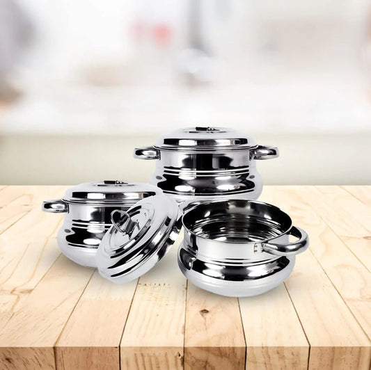 Stainless Steel Handi Casserole Set of 3 with Lid 600 ml + 1L + 1.6L Cook Serve Silver