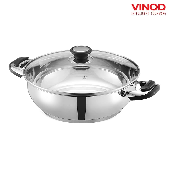 Stainless Steel Kadhai with Glass Lid 1.7 L (20 cm), 6.2 mm Thick, Kadhai for Deep Frying - 6.2 mm Thick - Design 2