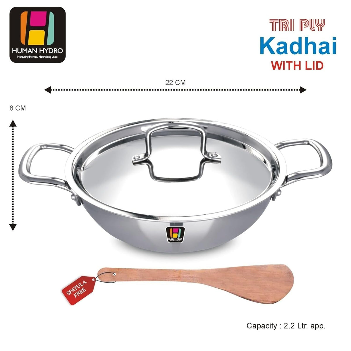 Tri-Ply Stainless Steel Kadai with SS Lid and Spatula 22 cm 2.2L Induction Gas