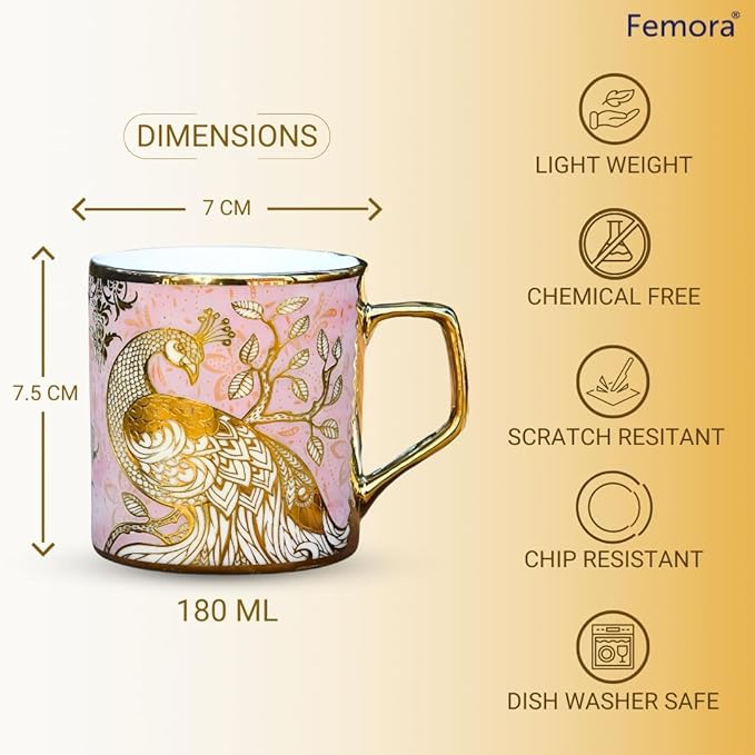 Premium Pink Peacock Pattern Golden Ceramic Coffee & Tea Cup Set of 6 Pink Each