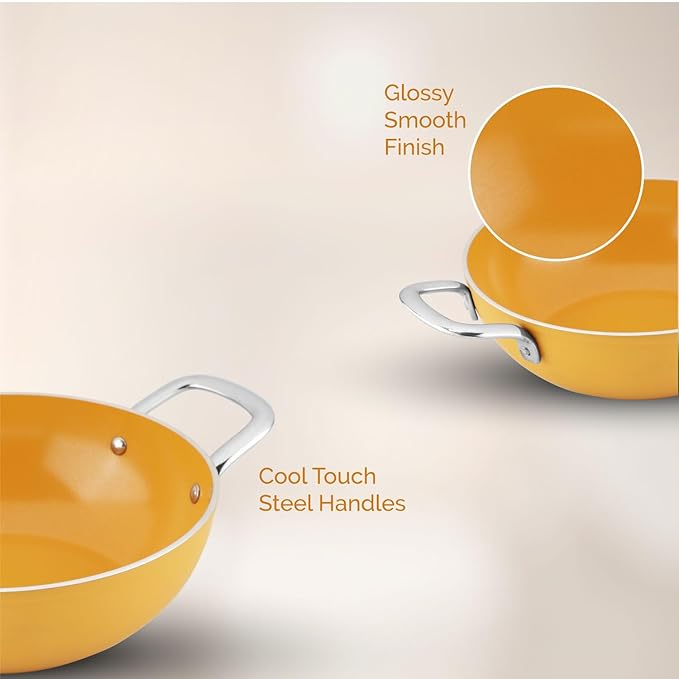 Forged Ceramic Non-stick Kadai With Glass Lid & Tubular Ss Handle, Mustard Yellow, 240 mm, 2.5 L