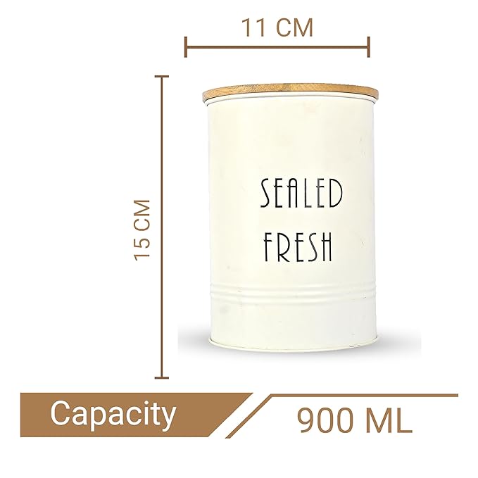 Kitchen Storage Jars Tin Jar With Wooden Lid Air Tight Jar, 900 ml, Set of 4
