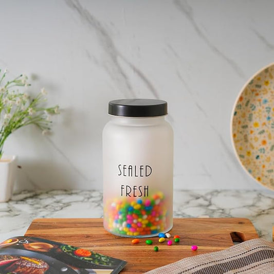 Kitchen Storage Jars Frosted Glass Jar With Steel Lid Air Tight Jar, 1500 ml, Pack of 4, Black Lid