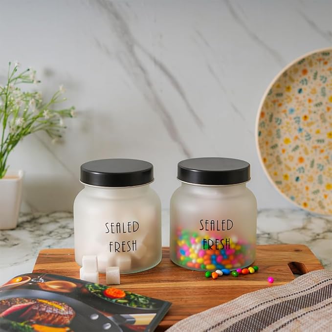 Kitchen Storage Jars Frosted Glass Jar With Steel Lid Air Tight Jar, 700 ml, Pack of 6, Black Lid