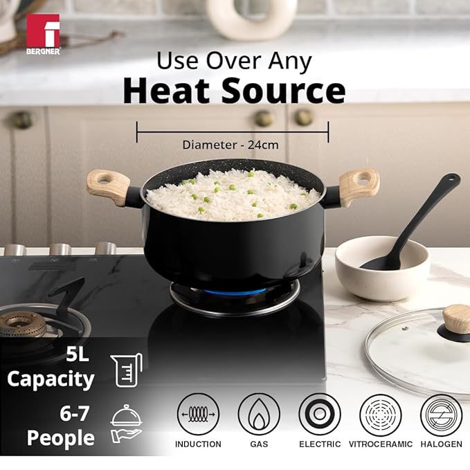 Plus Aura 5-layer Non-stick 24 cm Casserole With Glass Lid, 5 L Capacity