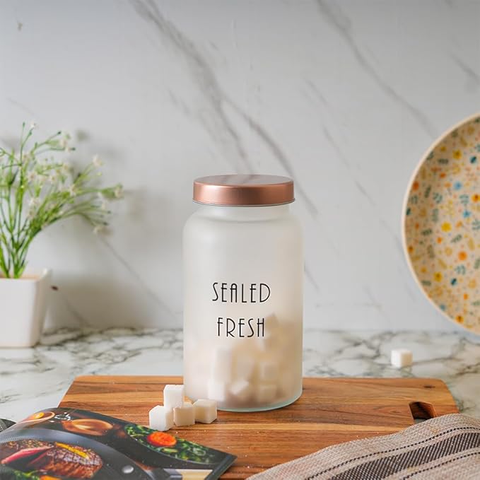 Kitchen Storage Jars Frosted Glass Jar With Steel Lid Air Tight Jar, 1500 ml, Pack of 1, Golden Lid