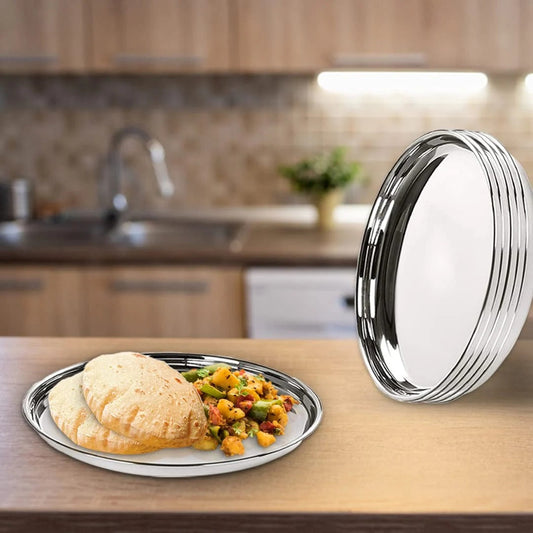 Stainless Steel Dinner Plates Set of 6 29 cm Heavy Gauge Deep Base Mirror Finish Steel Thali