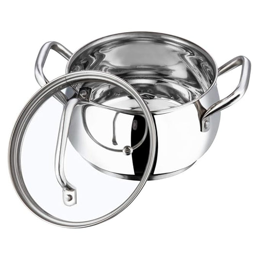 Stainless Steel Saucepot With Glass Lid 1.3 L, 14 cm, 2.6 mm Thick Base, Triply Casserole