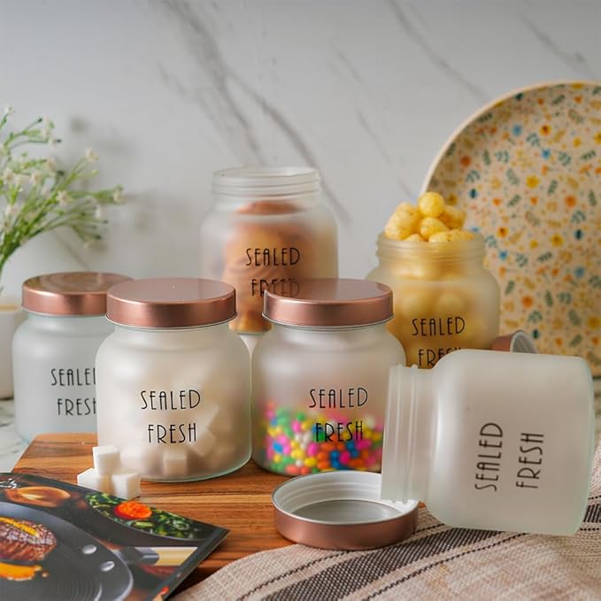 Kitchen Storage Jars Frosted Glass Jar With Steel Lid Air Tight Jar, 700 ml, Pack of 2, Golden Lid