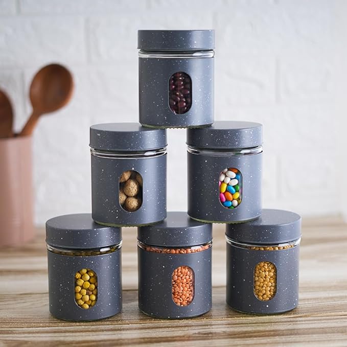 Carbon Steel Jar for Kitchen Storage With Clear Glass Window and Carbon Steel Lid, 300 ml, 3pc Set