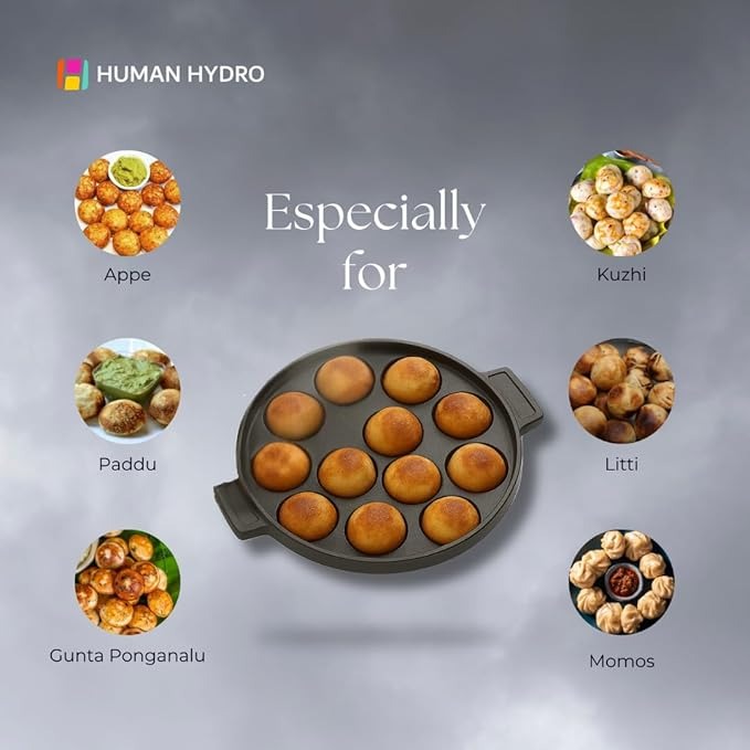 Pre-Seasoned Cast Iron 12-Pit Paniyaram Pan 20 cm Naturally Nonstick Toxin-Free