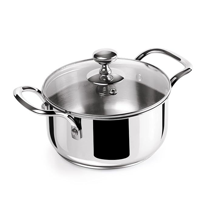 Triply Stainless-Steel Casserole Handi/Stock Pot/Biryani Pot with Glass Lid 16 cm, 1.6 L