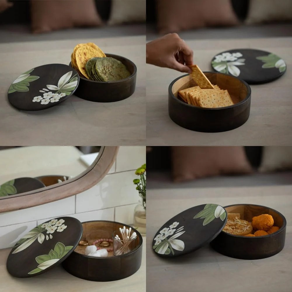 Wood Round Roti Box Casserole with Wooden Lid BPA Free Food Grade Kitchen Organizer