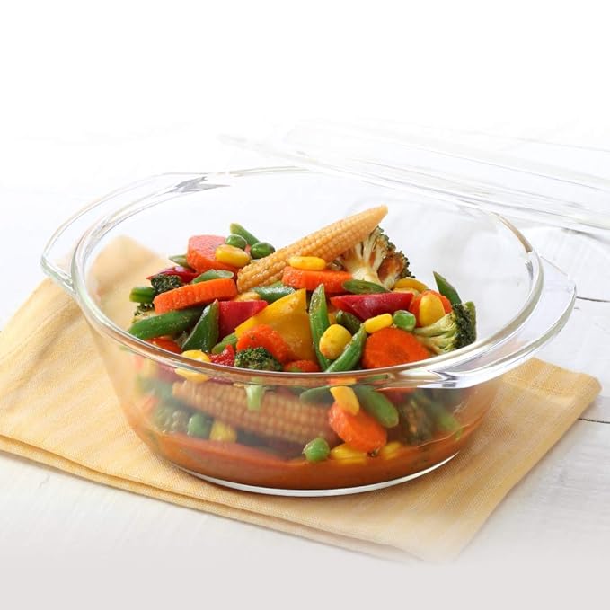 Glass Floral Oven and Microwave Safe Serving Bowl Casserole With Glass Lid, 2.5l, Transparent