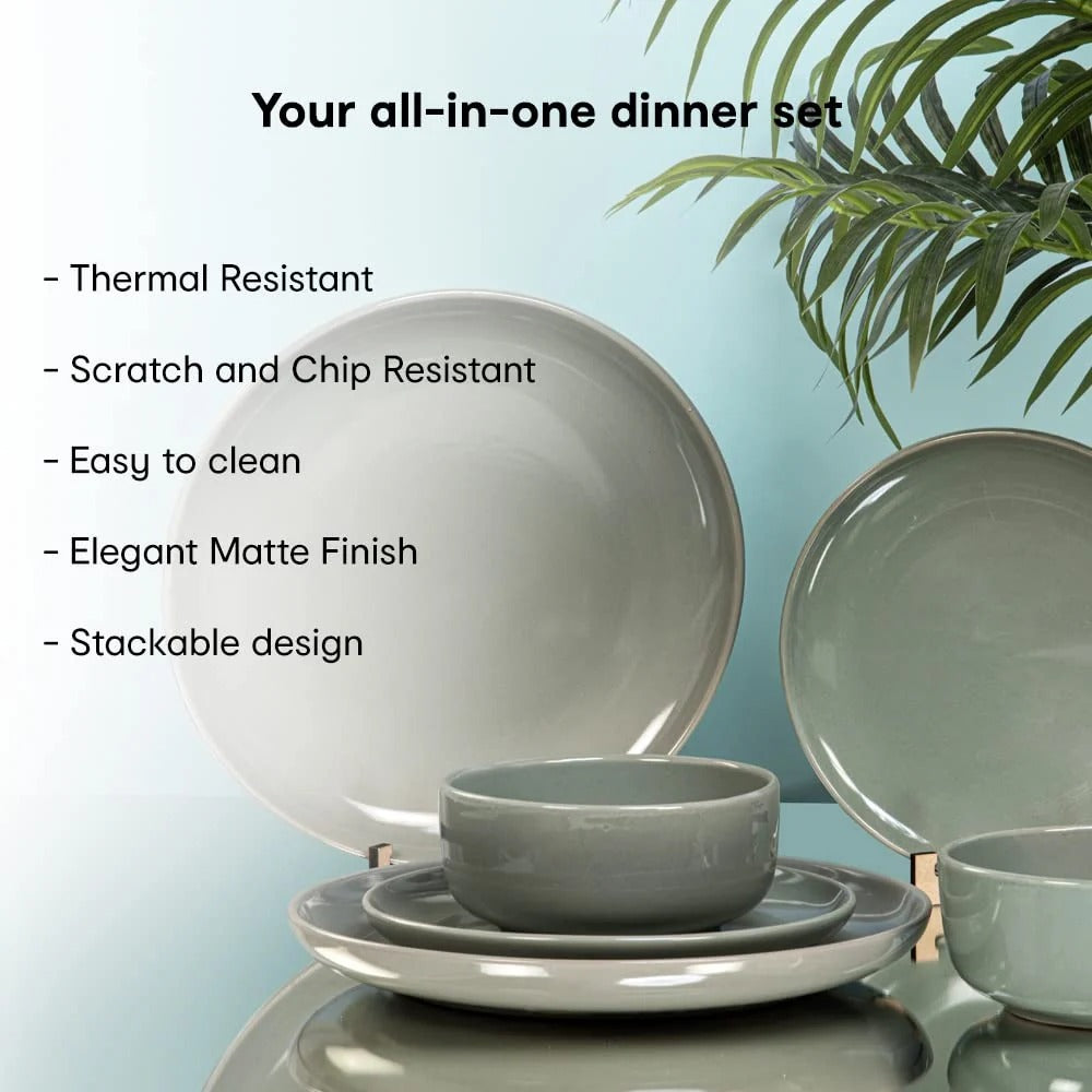 Stoneware 12 Piece Dinner Set Sage Green Glazed 4 Dinner Plates 4 Side Plates 4 Bowls Microwave Dishwasher