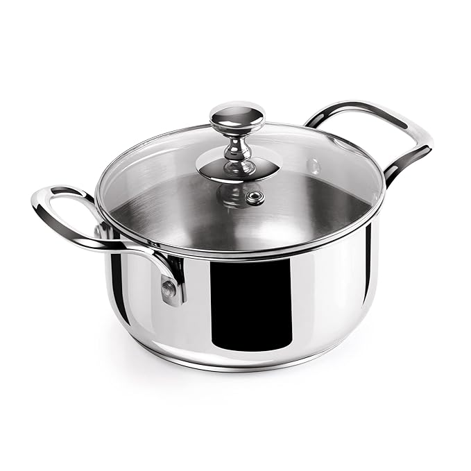 Triply Stainless-steel Casserole Handi/stock Pot/biryani Pot With Glass Lid 14 cm, 1.2 L