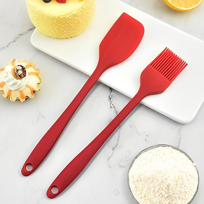 Seamless Design Set of 2, Red Oil Brush for Cooking & Non-stick Silicone Spatula Baking & Mixing
