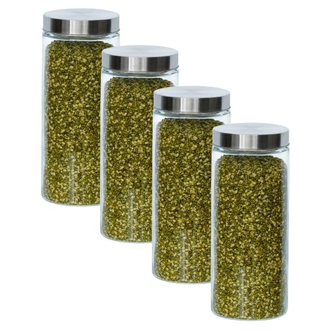 Kitchen Storage Jars Borosilicate Glass With Steel Lid Air Tight Kitchen Jar and Container, 2200 ml - Pack of 4