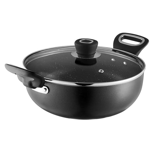 Aluminium Non Stick Deep Kadai with Glass Lid - 2.5 L, 24 cm, 5 Layer Coating, Soft Handle