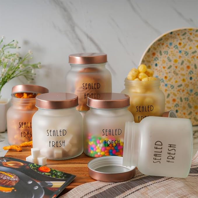 Kitchen Storage Jars Frosted Glass Jar With Steel Lid Air Tight Jar, 700 ml, Pack of 2, Golden Lid
