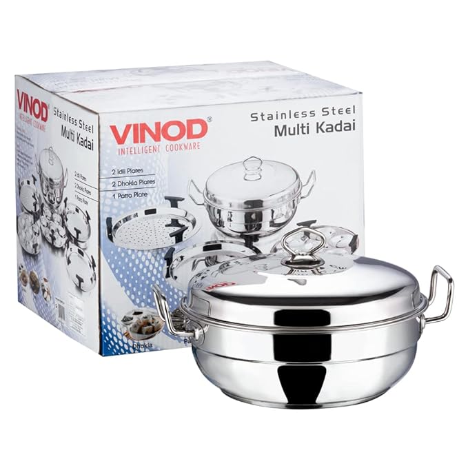 Stainless Steel Multi Kadai with 5 Plates - 26 cm, 2 Idli, 2 Dhokla/Momos and 1 Patra Plates