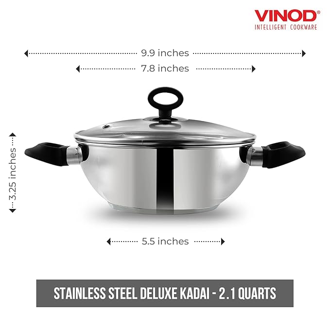 Stainless Steel Deluxe Kadhai with Glass Lid - 1.5 L, 20 cm, Extra Thick, SAS Bottom, Soft Handle