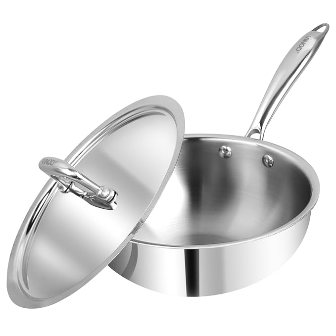 Triply Stainless Steel Frypan - 22 cm, Deep Skillet Pan with Lid, Rivetted Study Handle