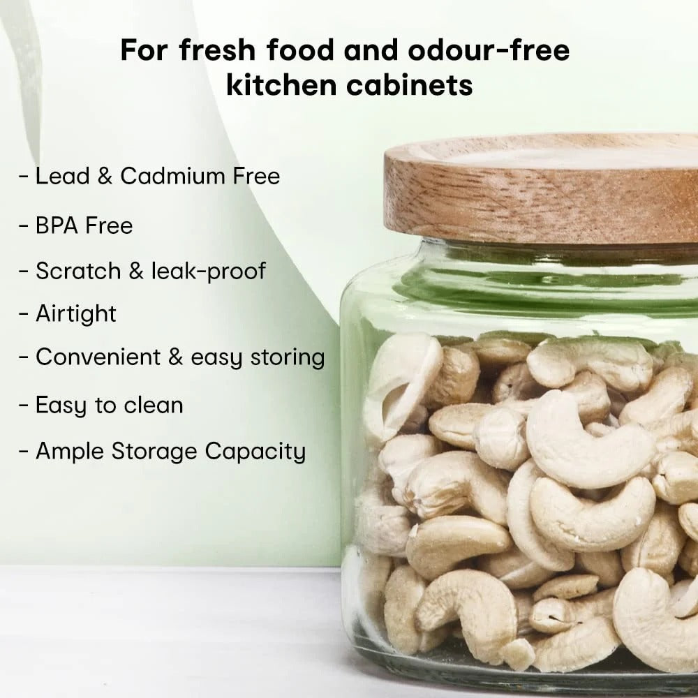 2L Borosilicate Glass Jar for Kitchen, Airtight, Rubberwood Lid, Set of 1