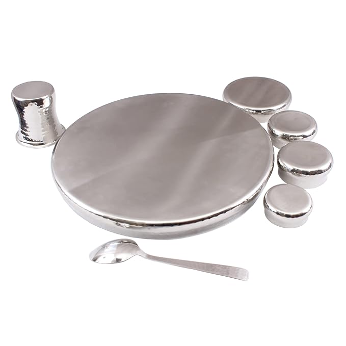 Stainless Steel Curved Dinner Set/Thali Set of 1 Plate 1 Small Plate, 2 Bowl, 1 Small Bowl, 1 Glass