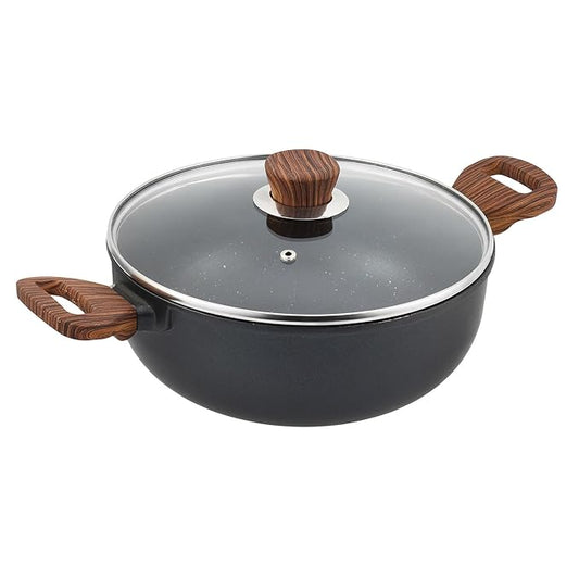 Plus Die Cast Aluminium Kadhai with Glass Lid - 4 L, Kadai for Cooking, 5 mm Thick, 5 layer Coating