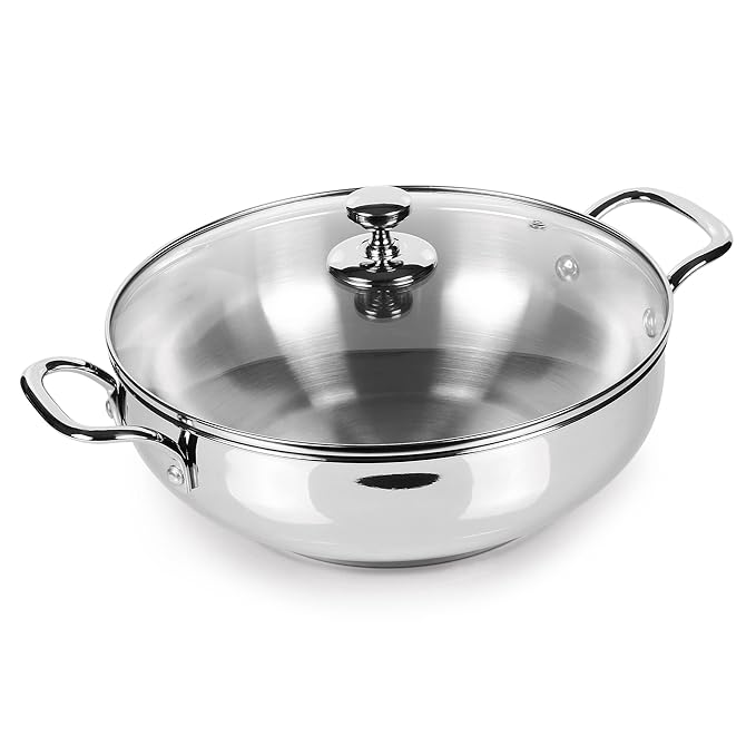 Stainless Steel Sandwich Bottom Kadhai with Glass Lid, 24 cm / 2.71 L