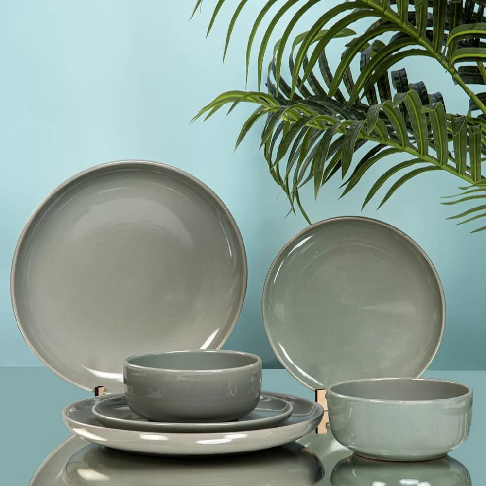 Stoneware 12 Piece Dinner Set Sage Green Glazed 4 Dinner Plates 4 Side Plates 4 Bowls Microwave Dishwasher