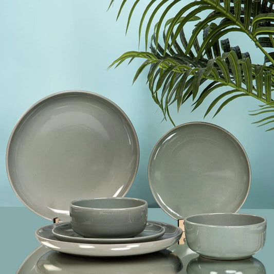 Stoneware 12 Piece Dinner Set Sage Green Glazed 4 Dinner Plates 4 Side Plates 4 Bowls Microwave Dishwasher