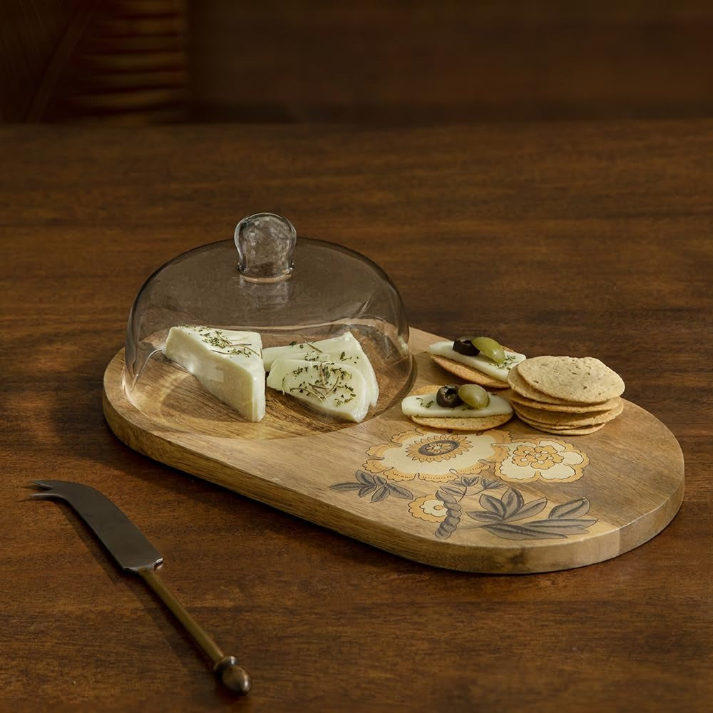 Platter with Glass Cloche Wooden Serving Tray for Cakes Pastries