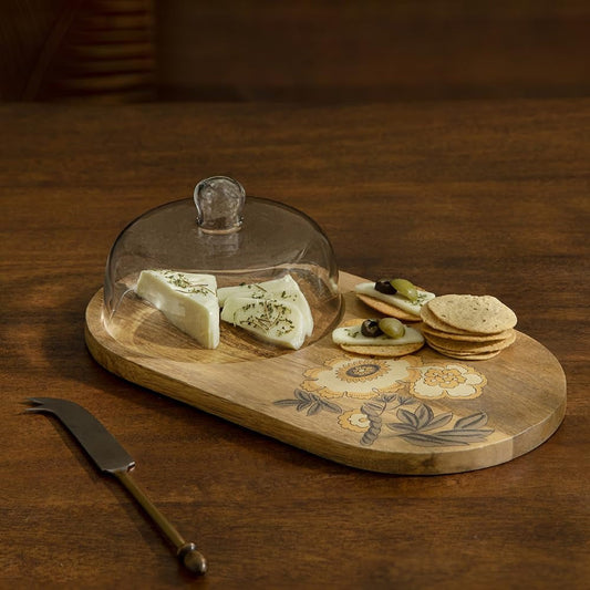 Platter with Glass Cloche Wooden Serving Tray for Cakes Pastries