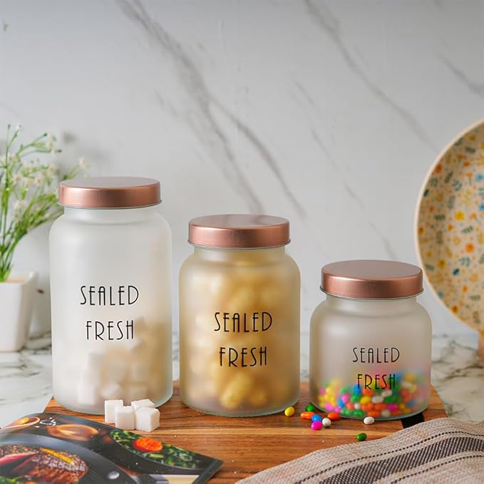 Kitchen Storage Jars Frosted Glass Jar With Steel Lid Air Tight Jar, 1500 ml, Pack of 1, Golden Lid