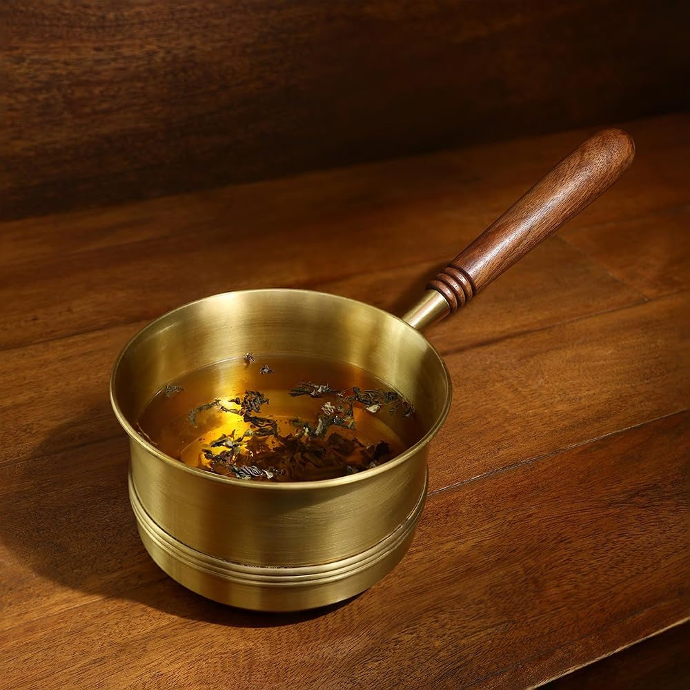 Brass Tea Pan 750 ml with Wooden Handle Induction Sauce Pan Chai Milk Pot