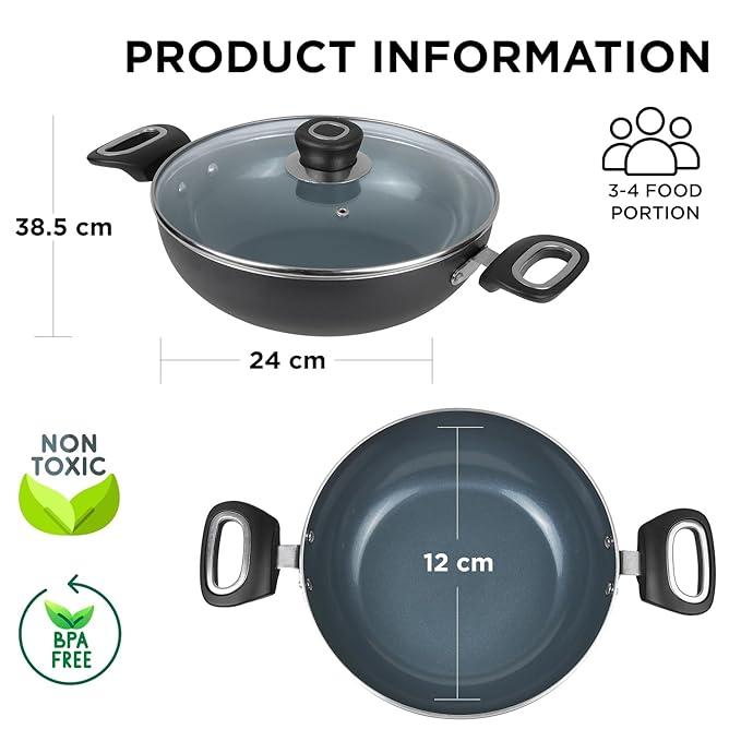 Kadai with Glass Lid - 2.5 L (24 cm), Natural Stick Free Deep Kadhai, Stylish Handle