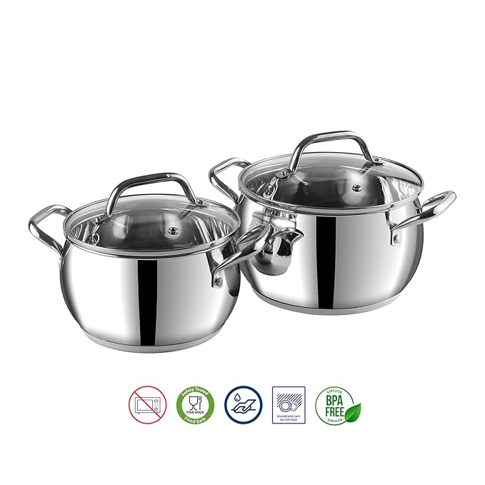 Stainless Steel 2 Piece Almaty Sauce Pot With Glass Lid, Diameter 14 & 16 cm, Capacity 1.3 & 2 L
