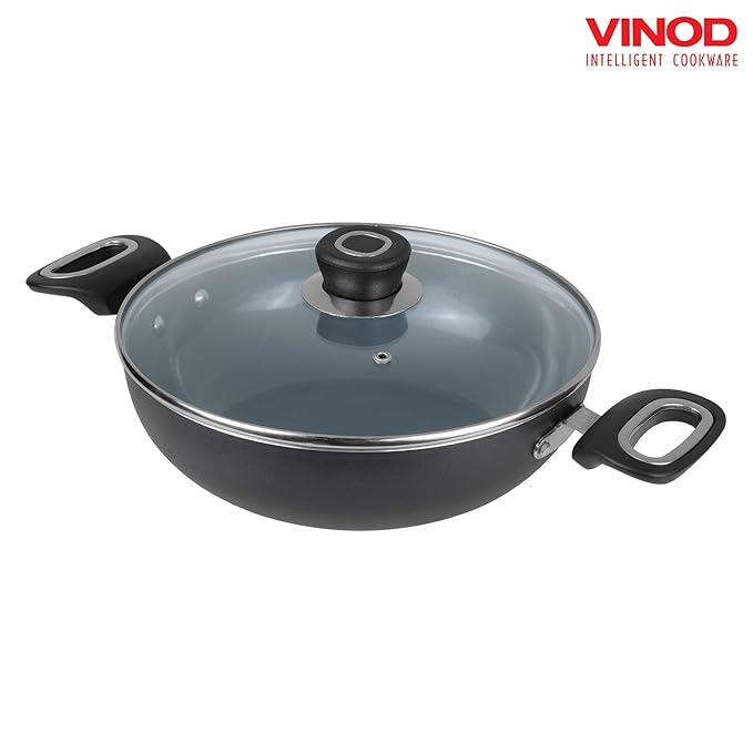 Kadai with Glass Lid - 2.5 L (24 cm), Natural Stick Free Deep Kadhai, Stylish Handle