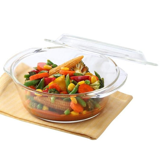 Glass Floral Oven and Microwave Safe Serving Bowl Casserole With Glass Lid, 2.5l, Transparent