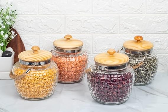 Kitchen Storage Jars Embossed Glass Jar With Wooden Lid & Jute Chain Air Tight Jar, 500 ml, Pack of 4