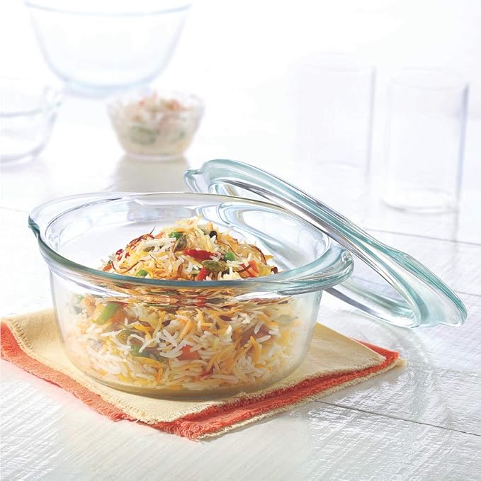 Glass Casserole Oven and Microwave Safe Serving Bowl With Glass Lid, 1.75 L, Transparent