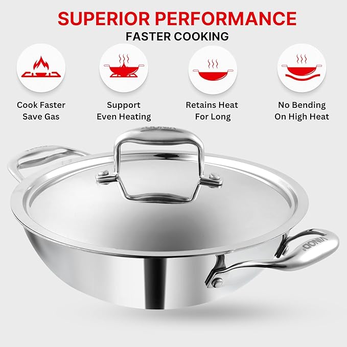 Triply Stainless Steel Extra Deep Kadai with Lid 5.5 L (30 cm), 2.5 mm Thick, Stainless Steel Cookware