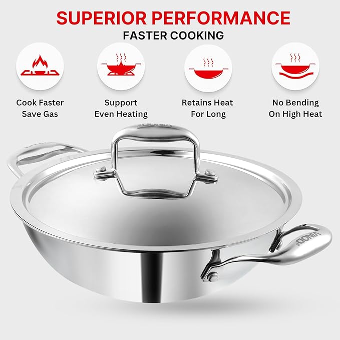 Triply Stainless Steel Extra Deep Kadhai with Lid 4.8 L, 28 cm, 2.5 mm Thick, Kadai for Cooking